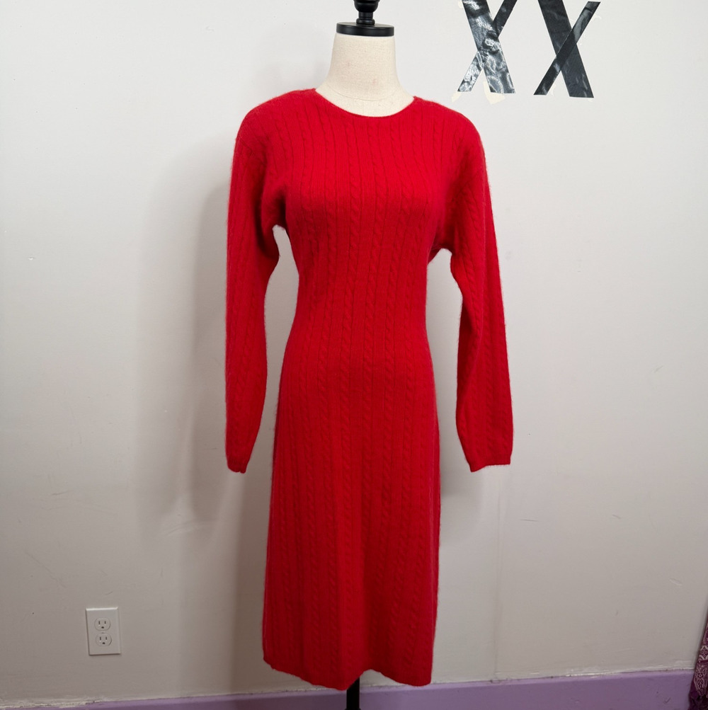 Vintage 90s Esprit Red Angora Lambswool Cable Knit Midi Sweater Dress L